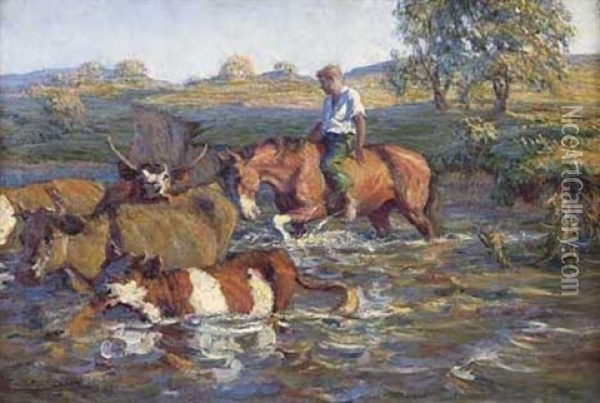 Boy And Cattle Oil Painting - John Steuart Curry