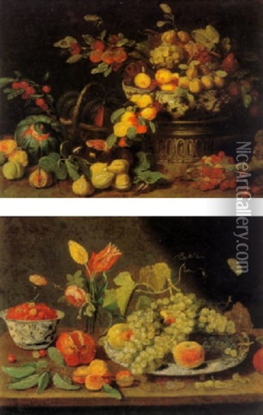Still Life Of Melons In A Basket And Other Fruit Oil Painting - Jan van Kessel the Younger