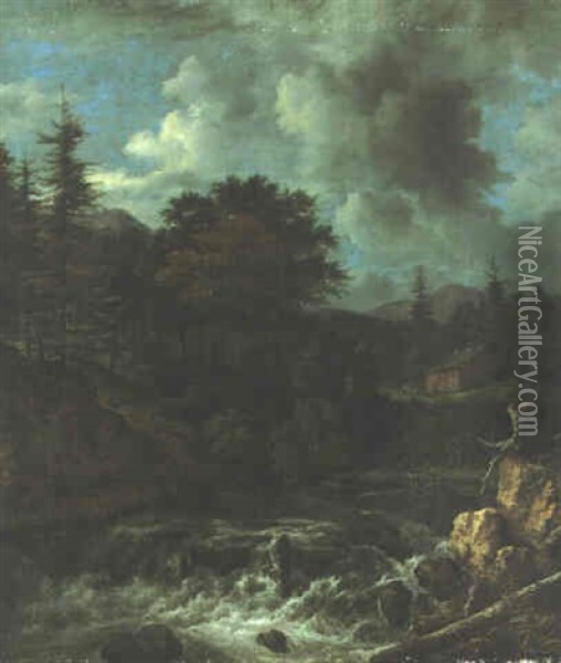 A Torrent In A Scandinavian Wooded Landscape Oil Painting - Jacob Van Ruisdael