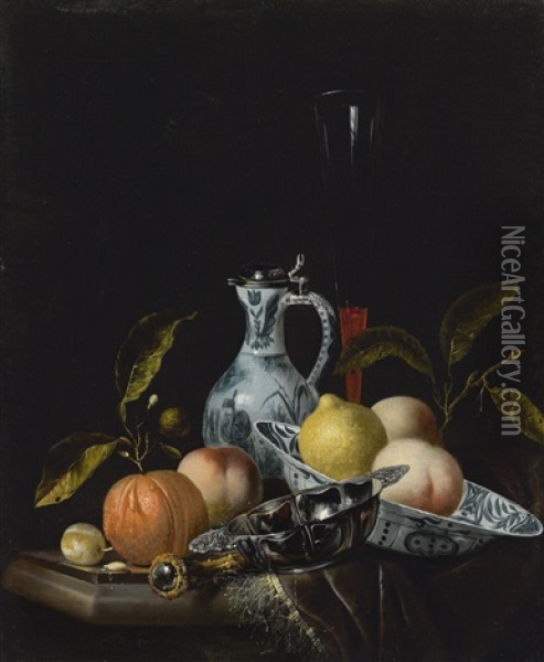 Still Life With A Chinese Blue And White Porcelain Bowl And Ewer, A Silver Porringer, Fruit And Other Objects, On A Partly Draped Table Oil Painting - Juriaen van Streeck