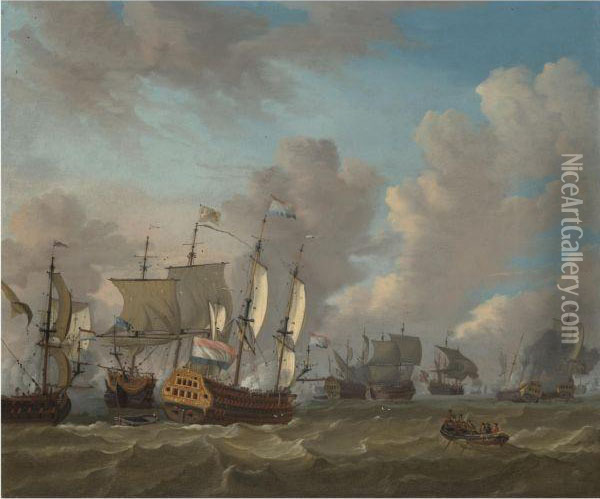 Dutch Ships In A Naval Skirmish Oil Painting - Abraham Storck
