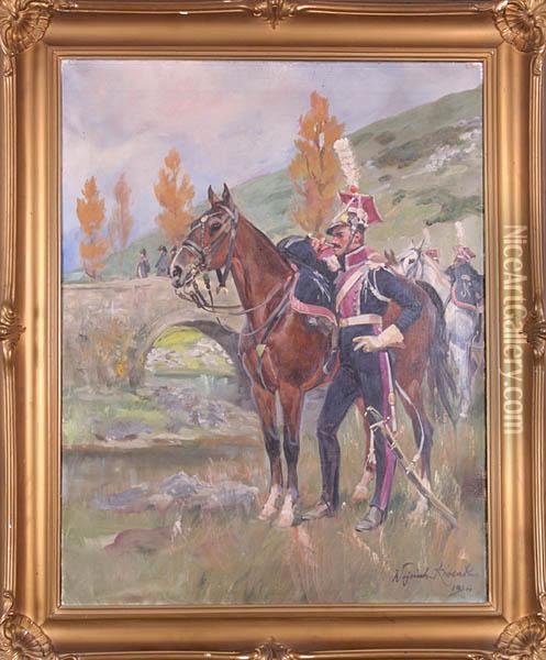 Ulan Przy Koniu, 1924 R. Oil Painting - Wojciech Von Kossak