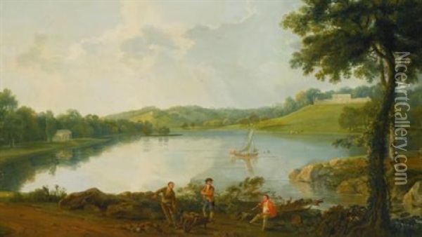 Prospect Of Gatton Park, Surrey (from The Lake, With Rustics In The Foreground) Oil Painting - George Barret