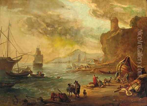 A Mediterranaen coastal inlet with a moored man-o'-war Oil Painting - Abraham Jansz. Begeyn