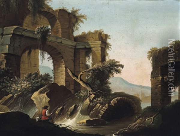 Flusslandschaft Mit Ruinen Und Anglern (+ Another, Similar; Pair) Oil Painting - Charles-Louis Clerisseau