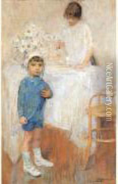 Interieur Avec Enfant En Bleu Oil Painting - Ernst Jean Joseph Godfrinon