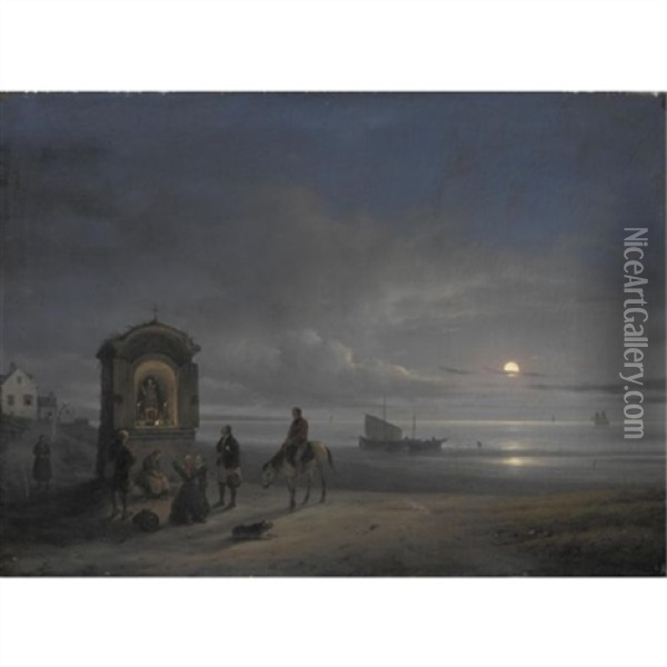 Veduta Di Una Spiaggia Di Mare Col Levar Della Luna Oil Painting - Giuseppe Canella I