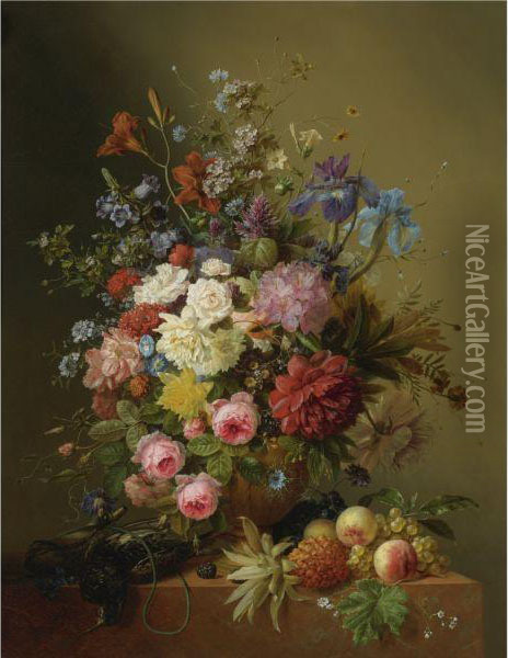 A Still Life Of Roses, Peonies, Irises And Other Flowers In Aterracotta Vase On A Ledge With Fruit And A Bird Oil Painting - Arnoldus Bloemers