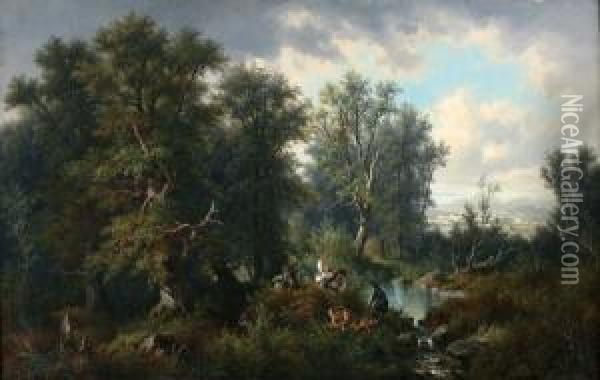 Boomrijk Landschap Met Jagers En Honden Oil Painting - Josef, Jacob Burgaritzky