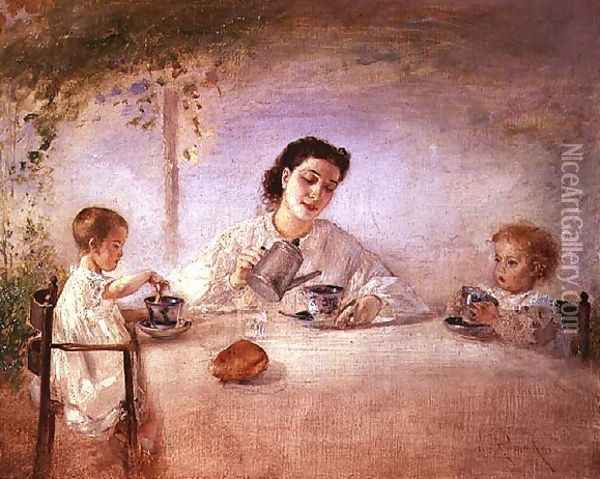 The artists wife Sophie with their daughters Mathilda and Adele, 1873 Oil Painting - Anton Romako