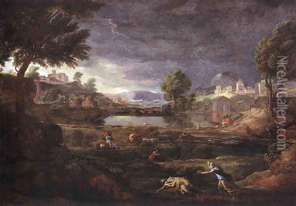 Strormy Landscape with Pyramus and Thisbe 1651 Oil Painting - Nicolas Poussin