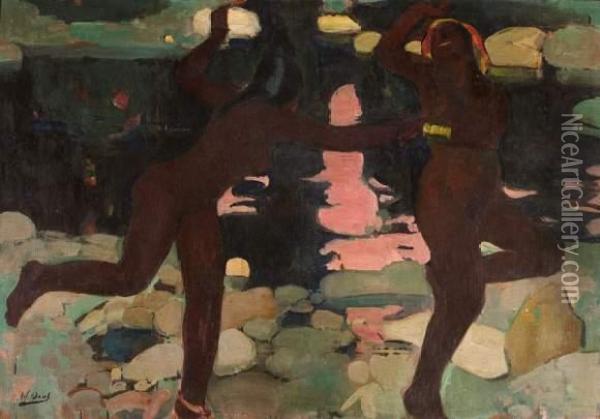 Baigneuses Africaines. Oil Painting - Alfred Dabat