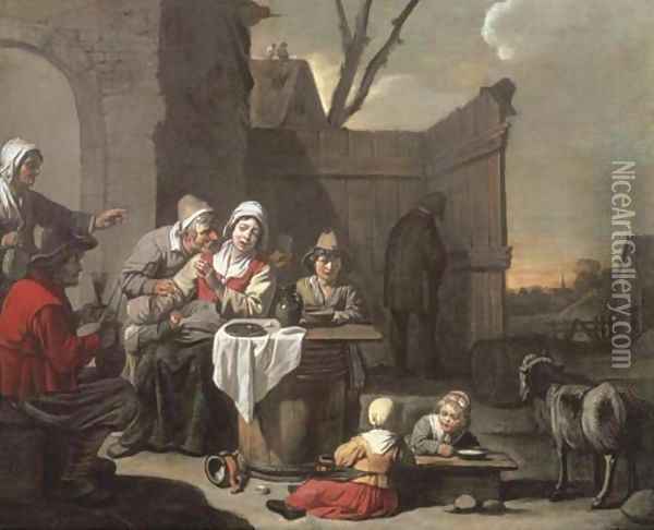 The courtyard of a country inn with peasants eating and drinking Oil Painting - Abraham Willemsens