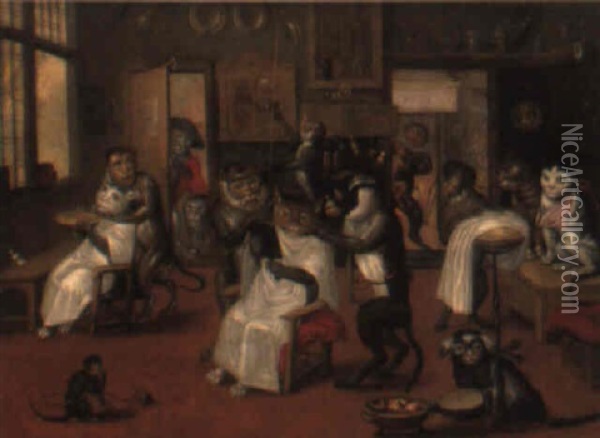 The Monkeys' Barber Shop Oil Painting - Jan van Kessel the Elder