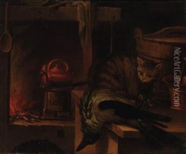 A Kitchen Still Life With A Cat And A Magpie Oil Painting - Jan Fyt