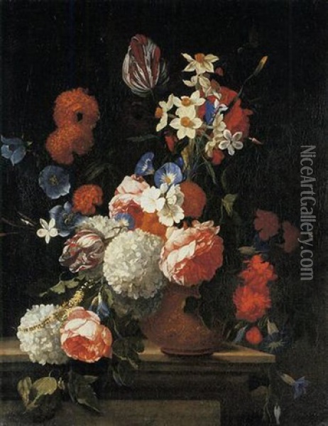 Tulips, Peonies, Morning Glory, Narcissi And Other Flowers In A Decorated Vase On A Ledge Oil Painting - Hieronymus Galle the Elder