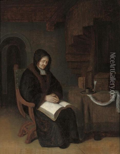 An Old Woman Reading In An Interior Oil Painting - Abraham de Pape