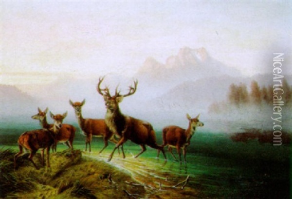 Rotwildrudel Am Bergsee Oil Painting - Oskar Krockow von Wickerode