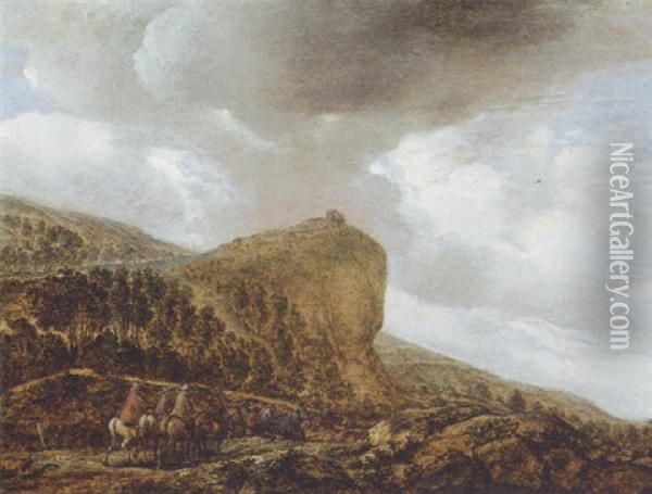 Travellers On A Path By A Cliff In A Landscape Oil Painting - Pieter De Molijn