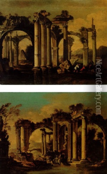 Cappricio Of Lakeside Classical Ruins With Peasants Oil Painting - Viviano Codazzi