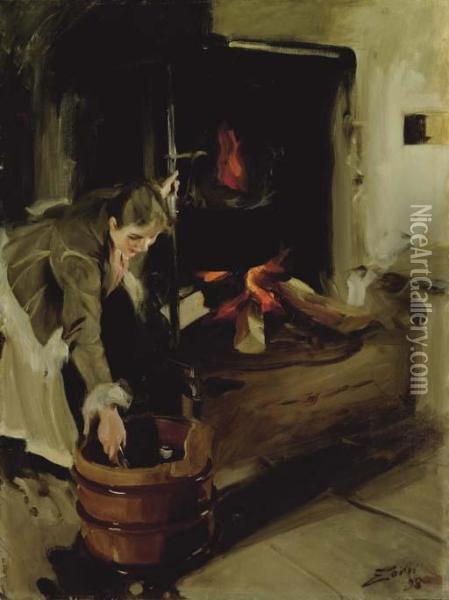 Vid Spisen (by The Fireplace) Oil Painting - Anders Zorn