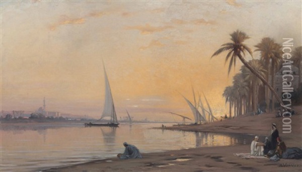 Arabs On Banks Of The Nile Oil Painting - Auguste Louis Veillon