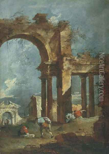 An architectural capriccio with figures in front of a ruined arch, with other ruins beyond Oil Painting - Francesco Guardi