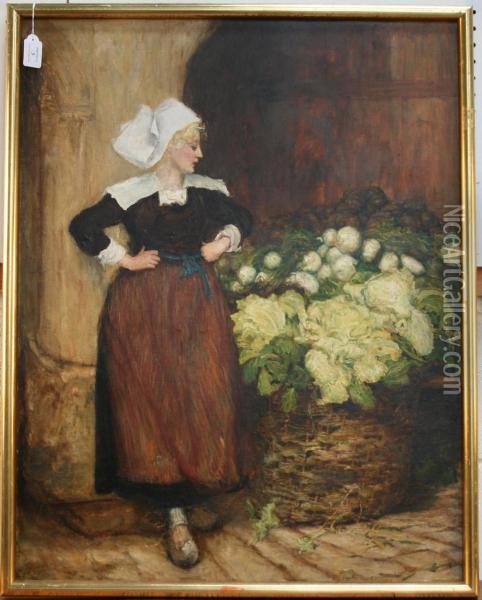 Female Dutch Market Seller Standing Beside A Basket Of Cabbages And Other Root Vegetables On A Shelf Oil Painting - Thomas Alexander Graham