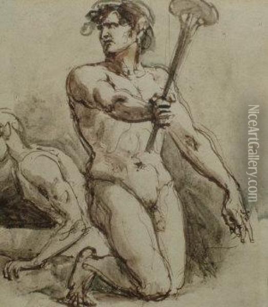 Study Of A Man Holding An Instrument; Pen And Brown Ink With Watercolour Wash, 10x8.5cm Oil Painting - William Etty