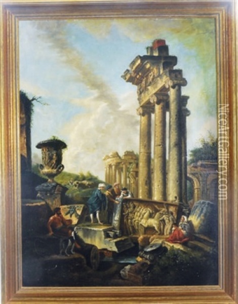 Figures Amongst Architectural Ruins (+ A Companion Painting; 2 Works) Oil Painting - Giovanni Paolo Panini
