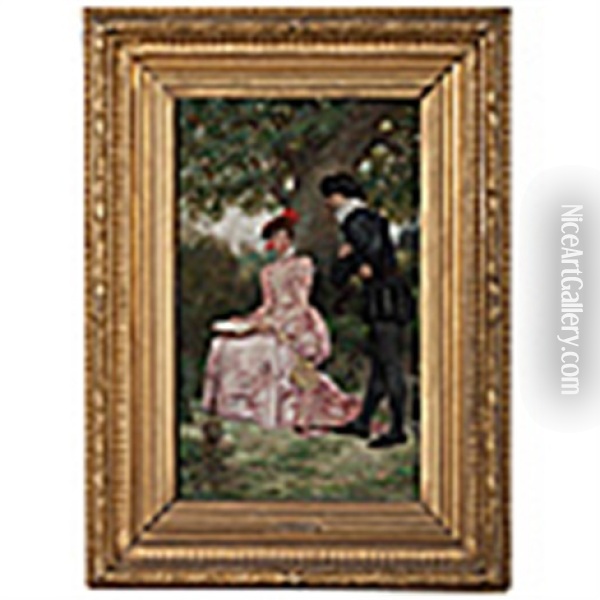 Courting Scene In Garden Oil Painting - Jules Arsene Garnier