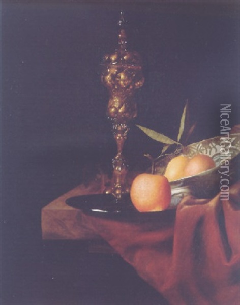 A Gilt Cup And Cover, A Lemon And An Orange In A Wan-li Dish, An Orange On A Pewter Plate And A Roemer On A Marble Ledge Oil Painting - Christian Striep