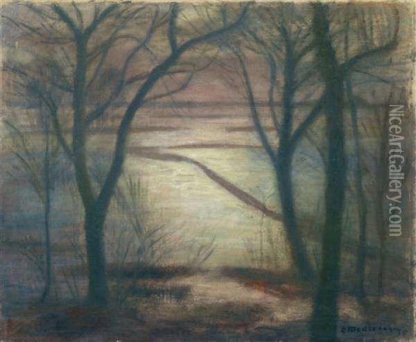 Mondnacht, Uberschwemmung Bei Uns (+ Allgauer Berglandschaft, Verso) Oil Painting - Otto Modersohn