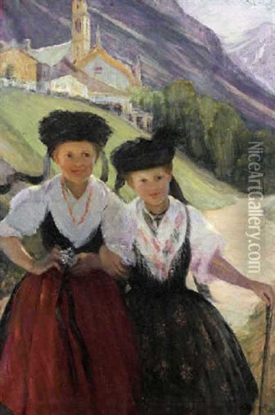Two Girls In A European Landscape Oil Painting - Pauline Palmer