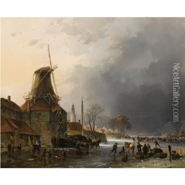 A Winter Landscape With Many Figures And Horse Sledges On The Ice By A Windmill Oil Painting - Gerard Johannes Verburgh