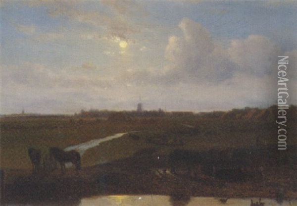 A Moonlit Polder Landscape, A Windmill In The Distance Oil Painting - Nicolas Cz Barnouw