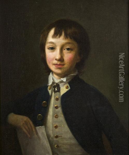 A Half-length Portrait Of A Young Boy, Possibly One Of His Sons, Asa Midshipman Oil Painting - Nathaniel Hone