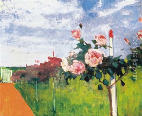 Szolnoki Kert Rozsafaval (a Garden In Szolnok With A Rosetree) Oil Painting - Janos Kleh
