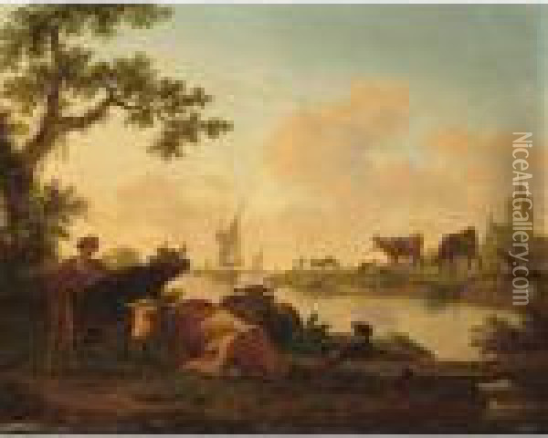 A River Landscape With A 
Shepherdess And Her Cattle In The Foreground, A View Of A Village With A
 Church In The Background At Sunrise; A River Landscape With Cows And 
Goats In The Foreground Together With A Shepherdess And A Boy Fishing, A
 View Of Oil Painting - Frans Swagers