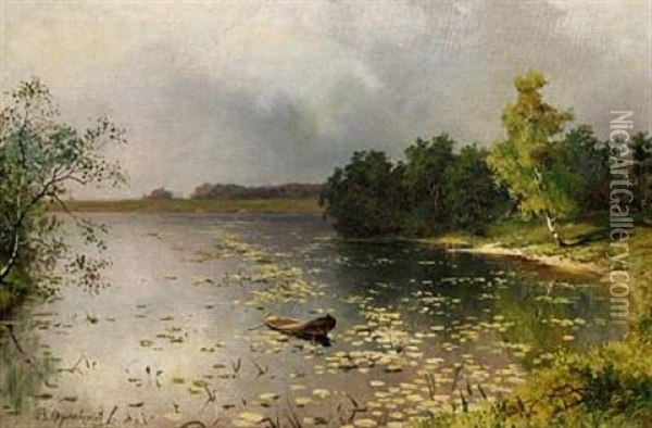 View Of A River Before A Thunderstorm Oil Painting - Vladimir Donatovitch Orlovsky