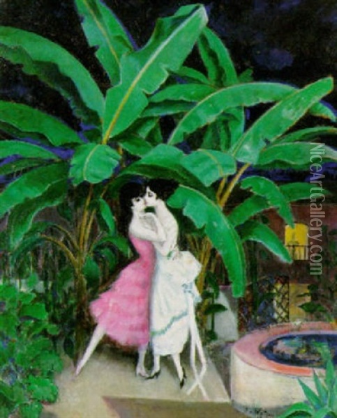 Spanische Nacht - Zwei Junge Damen Im Garten Oil Painting - Otto Von Waetjen