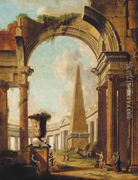 A capriccio of Roman ruins with a soldier and other figures Oil Painting - Giovanni Paolo Panini
