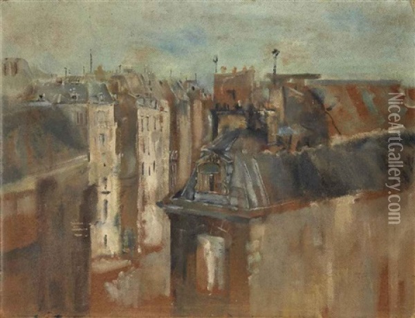 Les Toits De Paris (+ Tete, Verso) Oil Painting - Christian Berard