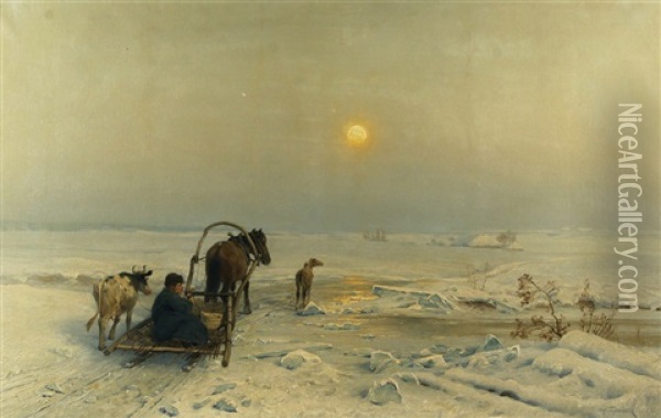 Return To The Snowy Village Oil Painting - Oskar Adolfowitsch Hoffmann