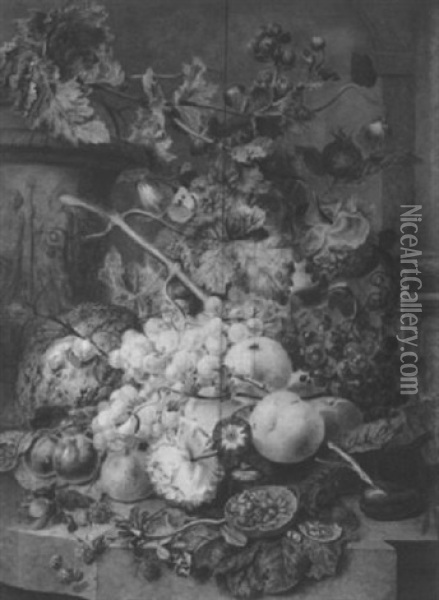 Nature Morte Aux Raisins, Framboises Et Vase Antique Sur Un Entablement Oil Painting - Jan van Os