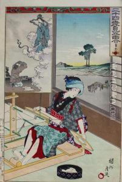 Kobieta Przy Krosnach Z Cyklu Nijushiko Mitateawase Oil Painting - Chikanobu Toyohara