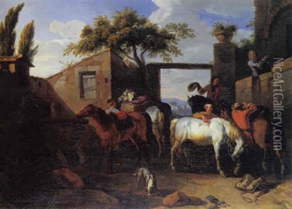 La Cour D'un Relais De Poste Oil Painting - Pieter van Bloemen