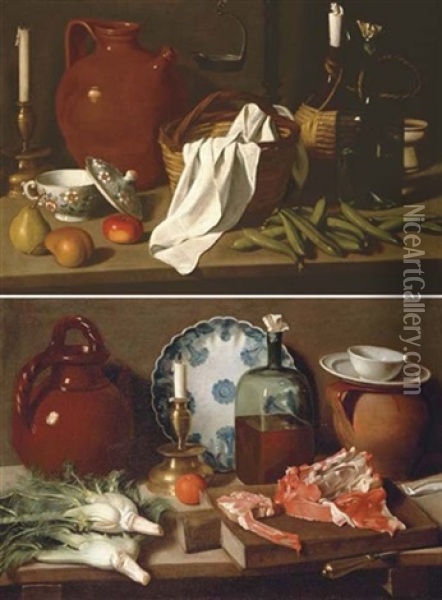 A Glass Bottle, A Blue And White Porcelain Platter, An Earthenware Jug, A Candle, An Orange And Fennel On A Wooden Ledge With Meat On A Chopping Board (+ A Candlestick, An Earthenware Jar, A Porcelain Oil Painting - Carlo Magini