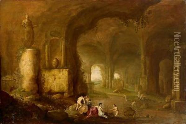 Ninfe Al Bagno In Una Grotta Rocciosa Oil Painting - Abraham van Cuylenborch