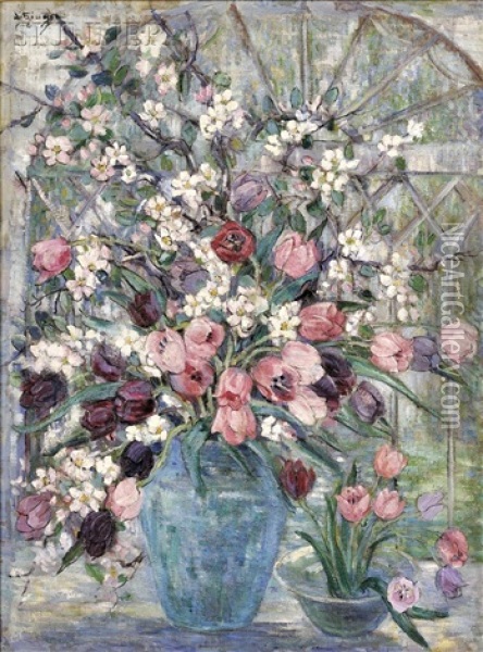 Floral Still Life With Tulips And Flowering Branches Oil Painting - Dorothea M. Litzinger